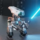 A high-tech robot showcases advanced technology with its glowing energy sword in a futuristic setting.