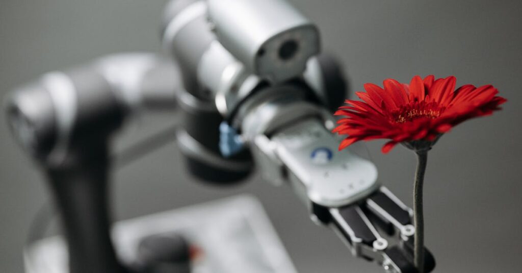 A robotic arm delicately holds a vibrant red flower, symbolizing technology's harmony with nature.